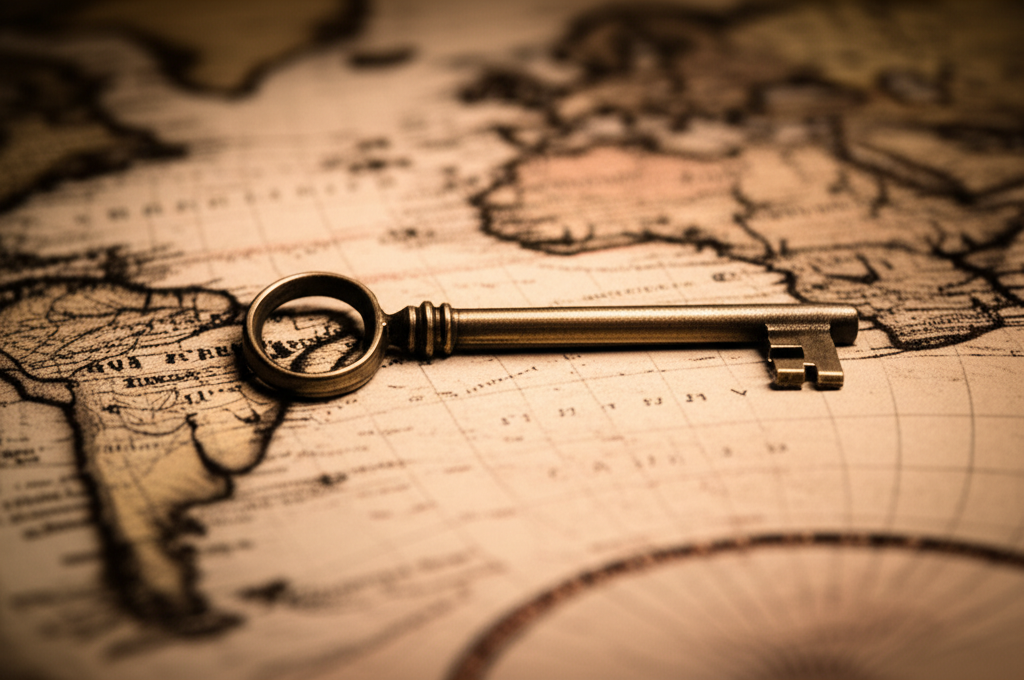 An ornate vintage brass key resting on an aged treasure map, symbolizing the key to unlocking real rewards and treasures in the Off Road Treasure Quest.