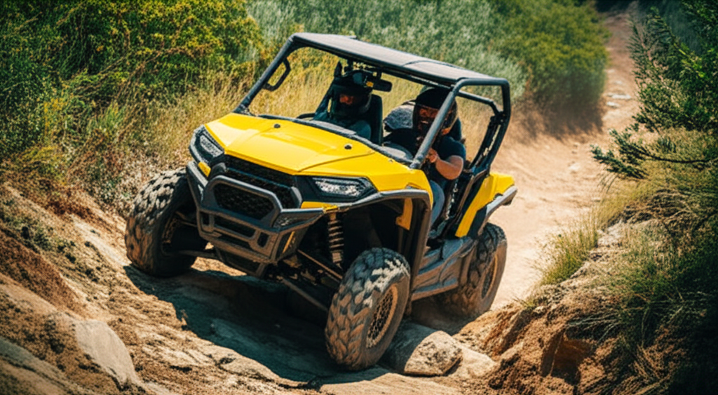 A beginner off-roader carefully navigating a trail with guidance, representing a safe and welcoming start to the adventure.