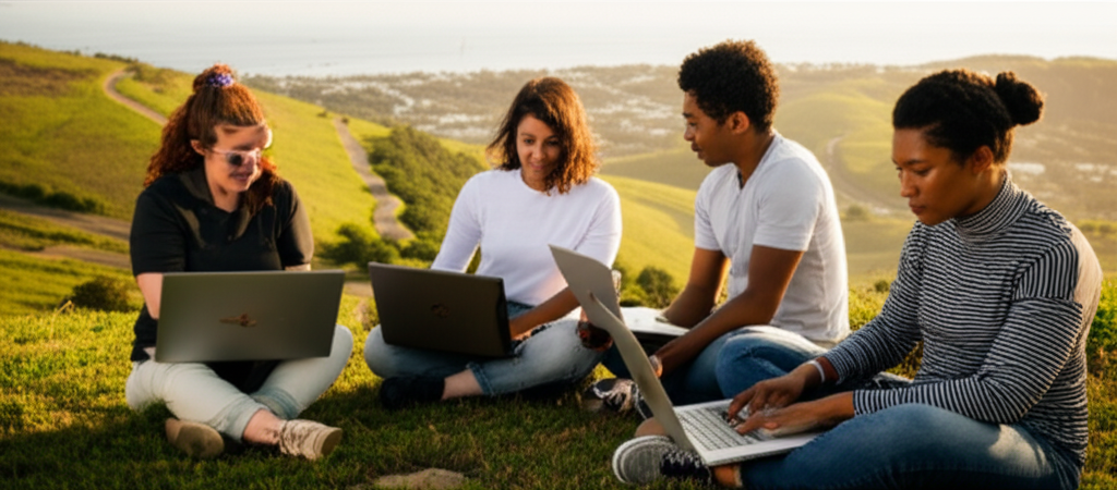 A team working on laptops in a scenic outdoor setting, representing the modern and flexible business operations of Off-Road Treasure Quest.