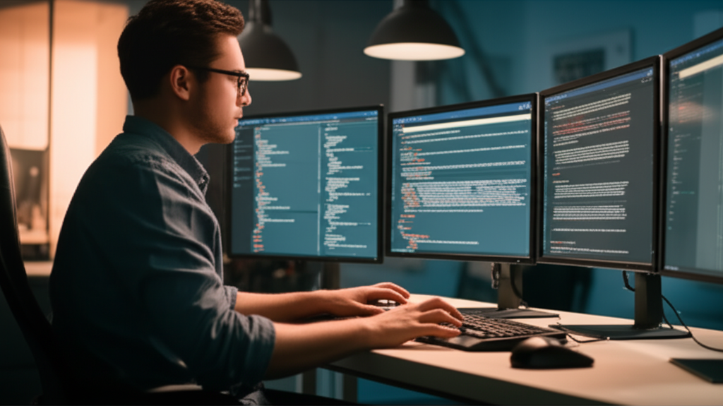 A developer working on a computer to improve the Off-Road Treasure Quest platform, with a topographic map in the background.