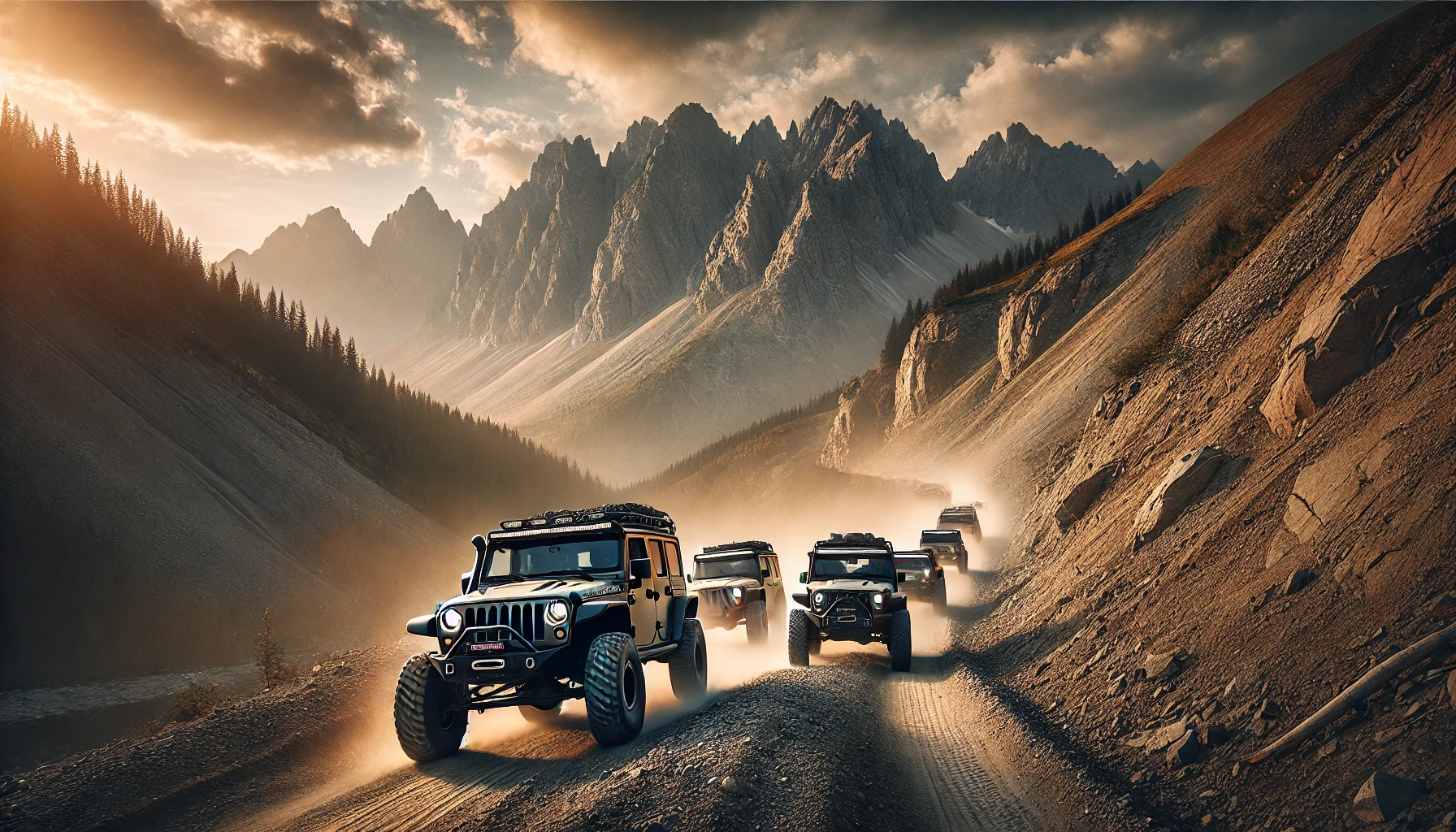 A convoy of rugged off-road vehicles navigating a scenic mountain trail at sunset, hinting at adventure.