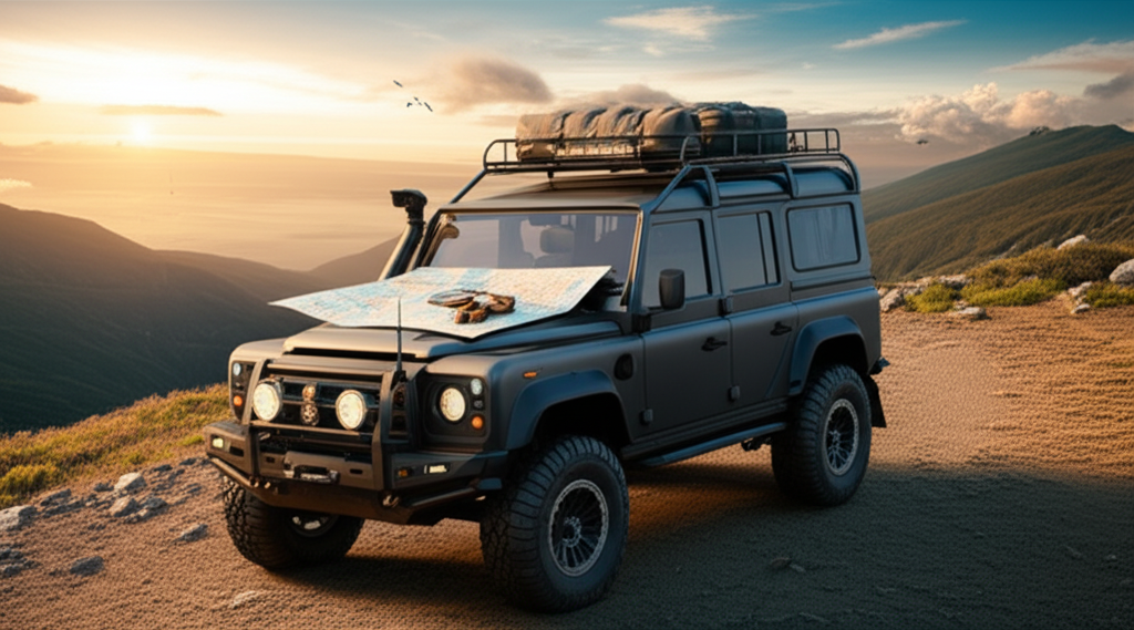 A rugged off-road vehicle on a scenic mountain trail with a map laid out on the hood, illustrating how the treasure quest works.