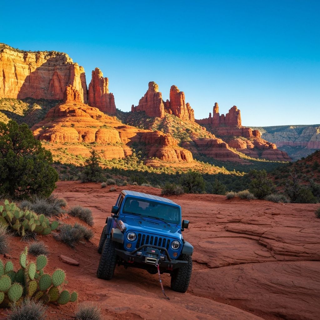 Jeep Wrangler navigating red sandstone slickrock terrain in Sedona, Arizona with dramatic crimson buttes and blue sky