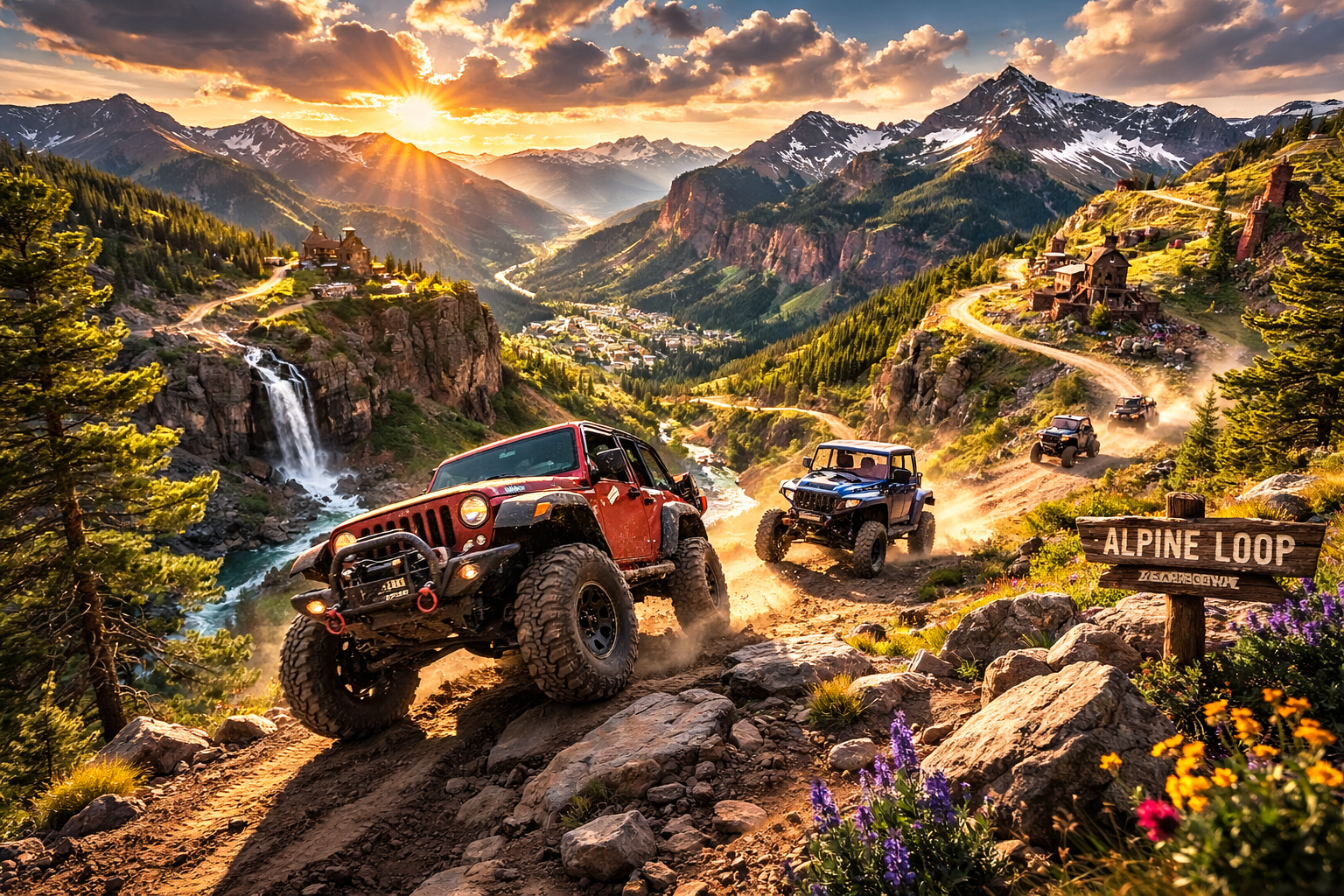 Jeep Wranglers tackling rocky terrain on the Alpine Loop trail near Ouray, Colorado, with a waterfall, wildflowers, snowcapped San Juan Mountains, and a golden sunset in the background