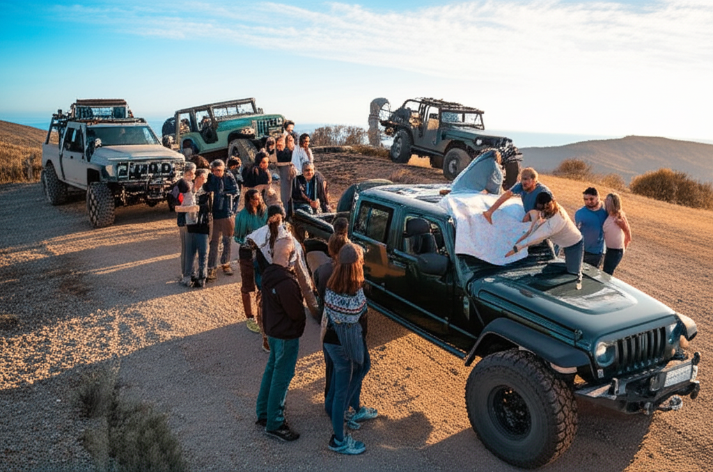 A vibrant gathering of an off-road club, with members socializing and planning their adventure around their vehicles in a scenic location.