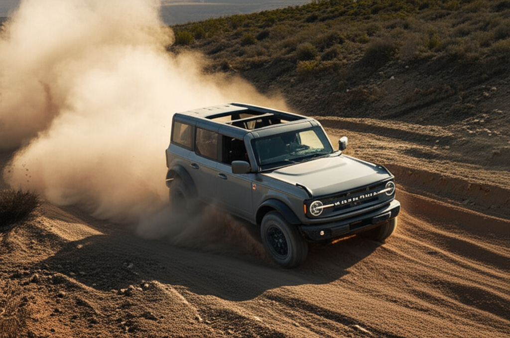 A dynamic shot of an off-road vehicle navigating a challenging trail, kicking up dust and embodying the spirit of a thrill-seeker.