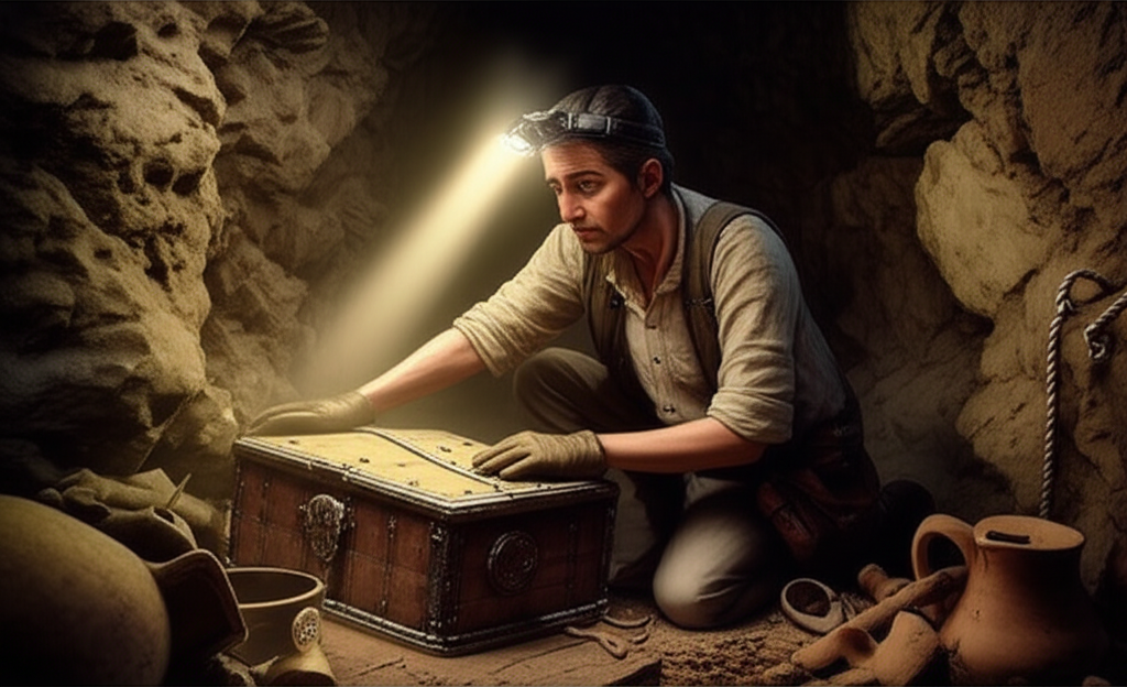 An adventurer triumphantly discovering a hidden treasure chest in a sun-dappled, ancient ruin, with the chest emitting a faint glow.